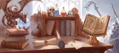 ArtStation - Fantasy desk, Maksim Kuznetsov Desk Concept Art, Fantasy Dorm Room Concept Art, Wizard Desk, Fantasy Banner, Witch Desk, Fantasy Desk, Fantasy Table, Desk Reference, Witch Hut