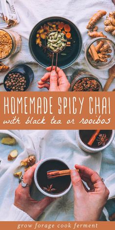 two hands holding spoons over bowls of food on a white tablecloth with text that reads homemade spicy chai with black tea or noodles