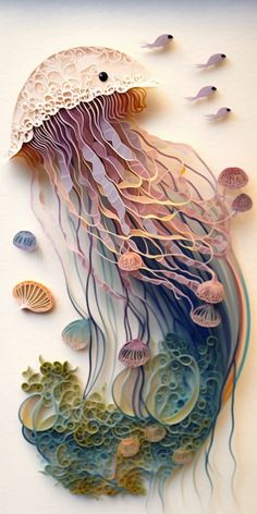 paper cut art with jellyfish and sea shells on white background by artist jodi smith