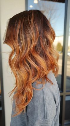 Light Brown To Red Ombre Hair, Copper To Blonde Balayage, Light Copper Balayage, Copper Hair Ombre, Copper Hair With Dark Roots, Copper And Blonde Balayage, Copper Balayage Hair, Balayage Copper, Balayage Hair Ideas