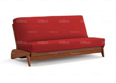 a red futon sofa with wooden frame