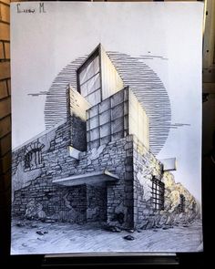 a drawing of a building made out of rocks