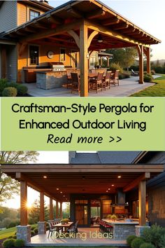 Timber pergola with outdoor dining area in golden hour light Craftsman Design, Outdoor Heaters, Backyard Paradise, Fire Features, Craftsman Style