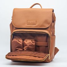 a tan backpack with two pockets and zippers