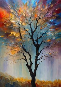 an abstract painting of a tree in autumn