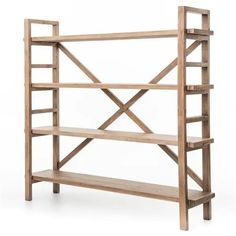 a wooden shelf with three shelves on one side and an open bookcase on the other