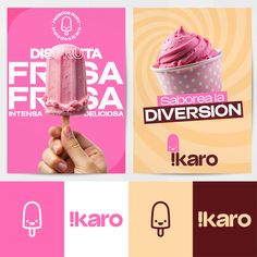 the logos for different ice creams and desserts are shown in three different colors