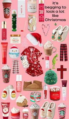 a pink background with lots of different items and text that says it's beginning to look a lot like christmas