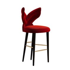 an upholstered bar stool with black legs and a red velvet seat, viewed from the front