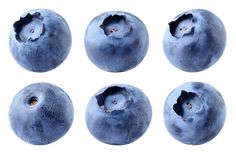 six blueberries with holes in them on a white background