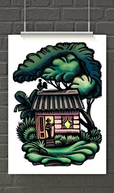 a poster hanging on a brick wall with a tree and house in the background,