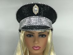 - approximately 60 cm (23.5 in). - Brim is adorned with black crystal rhinestones that will sparkle as you move. - Large crystal rhinestone centerpiece.  - Comes with chains. - Ready to ship. Ships via FedEx 2nd Day Air weekday delivery. Captain's Hat, Festival Hat, Military Hat, Large Crystal, Costume Hats, Large Crystals, Black Crystals, Costume Accessories, Festival Captain Hat