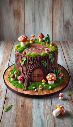 a cake that is on top of a wooden table with mushrooms and trees around it