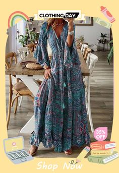 Women Fashion Casual Bohemian Tiny Flower Print V-neck Horn Sleeve Maxi Dress Spring Boho Print Bohemian Dress, Spring Hippie Printed Maxi Dress, Hippie Printed Maxi Dress For Spring, Casual Floral Print Boho Dress For Festivals, Casual Boho Dress With Floral Print For Festival, Green Floral Print Boho Dress, Summer Boho Dress With Paisley Print And Long Sleeves, Summer Boho Dress With Long Sleeves And Paisley Print, Spring Boho Maxi Dress With Paisley Print