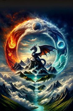 a dragon sitting on top of a mountain next to a moon and fire ball in the sky