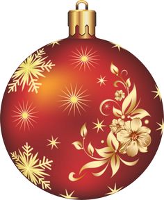 a red christmas ornament with gold flowers and snowflakes on the top