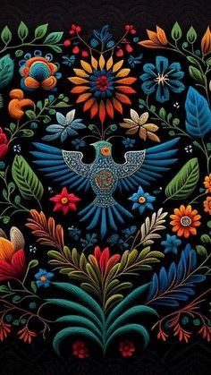 an embroidered bird with colorful flowers and leaves on it's back side, in the center of a black background