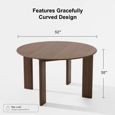 the table is shown with measurements for it and features gracefully curved design on each side