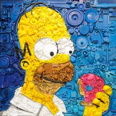 the simpsons is holding a doughnut in front of a blue and yellow mosaic background