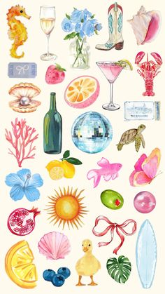 watercolor painting of different types of food and drinks