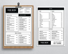 two menus with black and white designs on them, one has a wooden clipboard