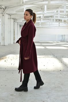 "Wool Elegant Coat, Winter Overcoat, Burgundy Coat ◈ Stylish and chic fashion is our shared dream! You can be sure that this piece is made with a lot of love and craftsmanship. ◈ S I Z I N G ◈ This item is available from XS to 4XL. Please, have a look at my Size Chart below before placing your order. The model in the picture is 63'' (160 cm) tall. ◈ D E L I V E R Y ◈ This item will be shipped in up to 5 days after your order was placed. We use Express worldwide shipping for all of our items. Shi Elegant Burgundy Outerwear For Winter, Elegant Burgundy Winter Outerwear, Elegant Burgundy Wool Outerwear, Elegant Burgundy Fall Outerwear, Elegant Burgundy Long Coat, Winter Coat Elegant, Burgundy Coat, Red Winter Coat, Wool Long Coat