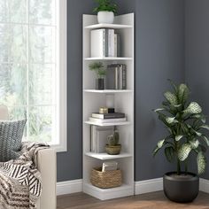 a living room with a white bookcase next to a potted plant on the floor