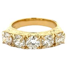 Simply Beautiful! Red Carpet Vintage 5-Stone Diamond Statement Engraved Gold Band Ring. Finely crafted engraved Gold 5.7mm Band Ring. Centering securely nestled 5 Diamonds, weighing approx. 2.57tcw. Ring size: 6.5, we offer ring re-sizing. Beautifully Hand crafted engraved 18K Yellow Gold mounting. The ring epitomizes vintage charm, ideal worn alone or as a lovely alternative Wedding ring. In excellent condition, recently professionally cleaned and polished. More Beautiful in real time...Sure to Vintage Red Carpet, Alternative Wedding Ring, Alternative Wedding Rings, Carpet Vintage, Gold Engraving, Gold Band Ring, Diamond Gold, Alternative Wedding, Vintage Carpet