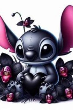 a cartoon character sitting on the ground with flowers in front of him and holding a heart