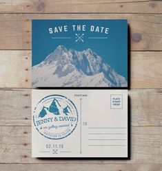 save the date postcard with mountains on it