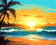 the sun is setting over the ocean with palm trees on the shore and waves in the water