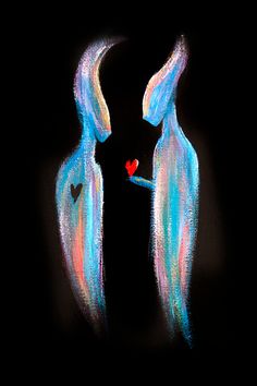 an artistic painting of two people facing each other, with one holding a heart in the other's hand