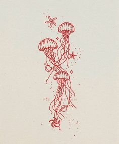 a drawing of jellyfish in red ink on white paper with a butterfly flying above it