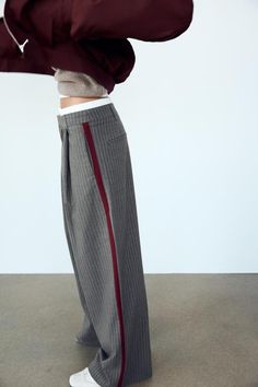 PINSTRIPE BOXER PANTS - Gray | ZARA United States Pinstripe Pants Outfit, Boxer Pants, Wild Cherry, Pinstripe Pants, Gray Stripes, Wide Leg Pant, Casual Fit, Side Stripe, Fit Inspo