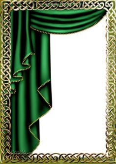 a green curtain with gold trim and an ornate frame on the side, in front of a white background