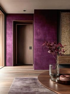 Plum Accents Living Room, Luxury Purple Bedroom, Plum Interiors, Wallpaper In Living Room, Velvet Walls, Dark Purple Interior, Mulberry Wallpaper, Purple Living Room Ideas, Purple Interior Design