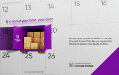 a purple box with cardboard boxes in it sitting on a calendar that reads it's about your time, your trust