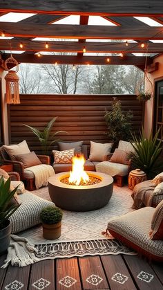 a fire pit sitting in the middle of a patio surrounded by furniture and potted plants