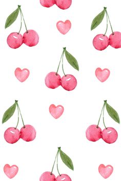 watercolor cherries with hearts and leaves on a white background