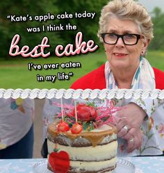 an older woman is about to cut into her birthday cake with the caption,'kate's apple cake today was i think the best cake i ever eaten in my life '