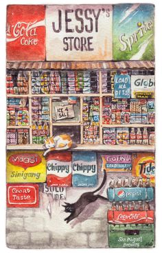 a drawing of a store with cats and sodas on the shelves in front of it