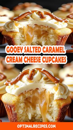 two pictures showing the inside of a cupcake with caramel cream cheese icing