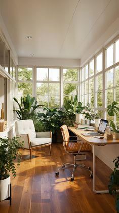 a home office with lots of plants in the window sill and on the desk is a laptop computer