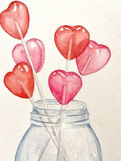 watercolor painting of heart shaped lollipops in a mason jar