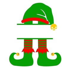 an elf's hat and boots with bells on them are sitting in front of a white background