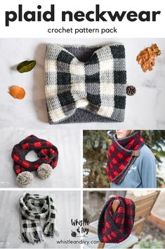 crochet patterns for scarves and hats with text overlay that says, plaid neckwear crochet pattern pack