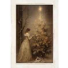 a painting of a woman standing in front of a christmas tree with lights on it