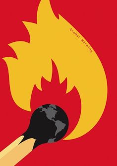 a red background with a black and yellow globe on fire