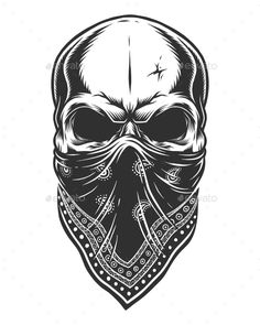 a skull wearing a bandana in black and white