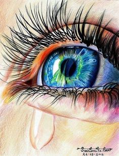 a drawing of an eye with blue and green colored irises in the irise